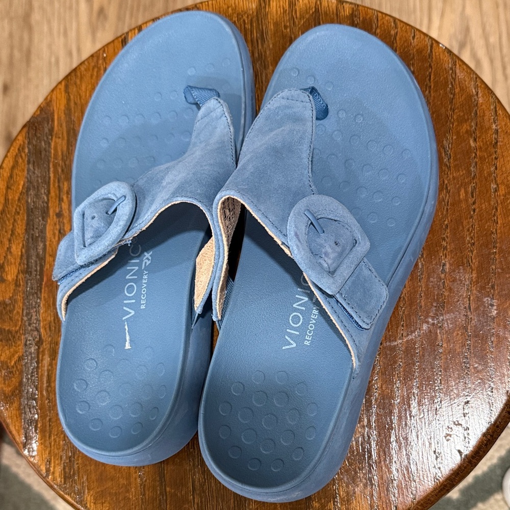 Vionic Blue Suede Toe-Post Slide Sandals